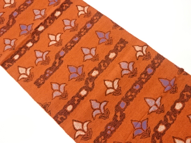 手織り紬横段に草花模様織出し名古屋帯